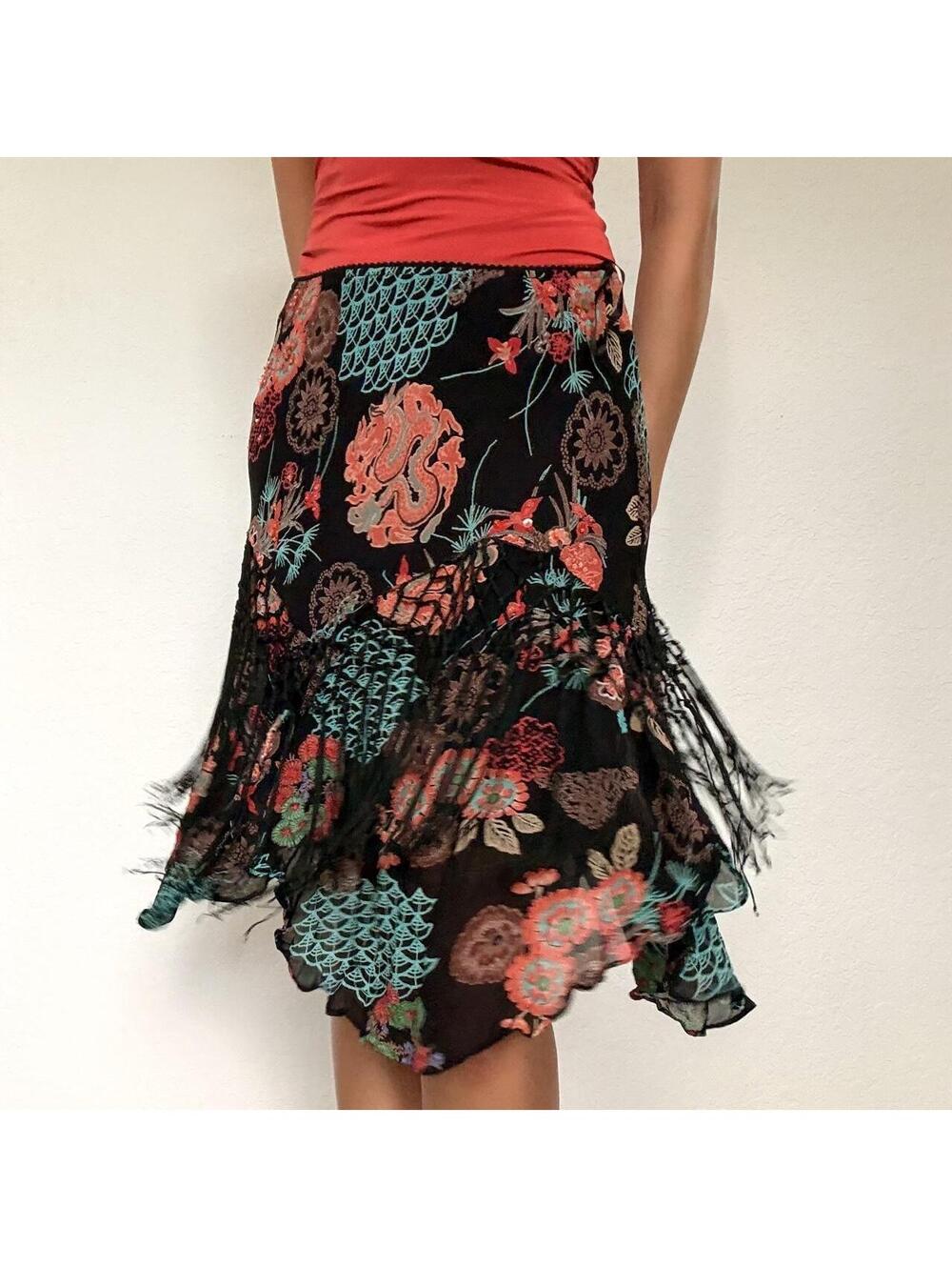 Y2K Lola P. black floral beaded fringe midi skirt - Picture 2 of 8